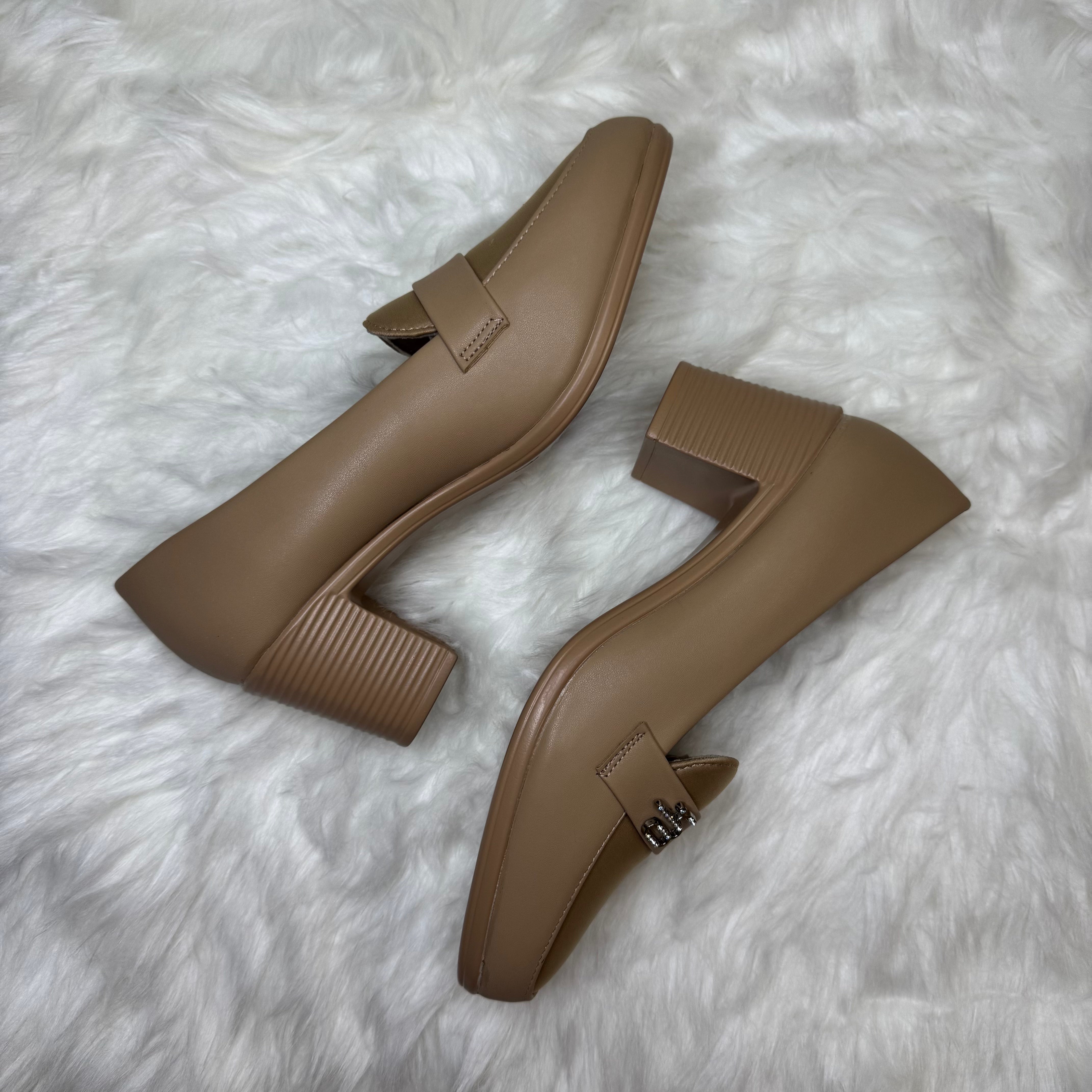 Premium Beige Block-Heel Loafers